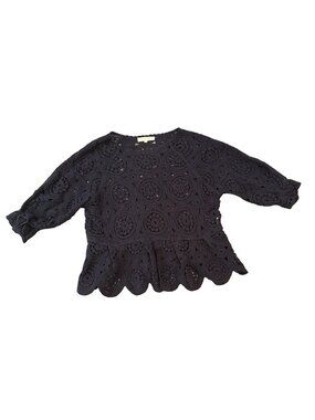 Solitaire Crochet Lace Peplum Womens Top M Navy Blue Boho Scalloped Sleeve Knit